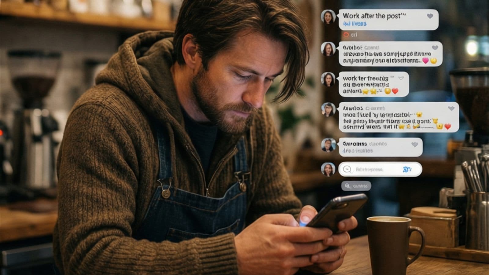 Kleiner Unternehmer beantwortet Nachrichten und Kommentare am Smartphone im Café