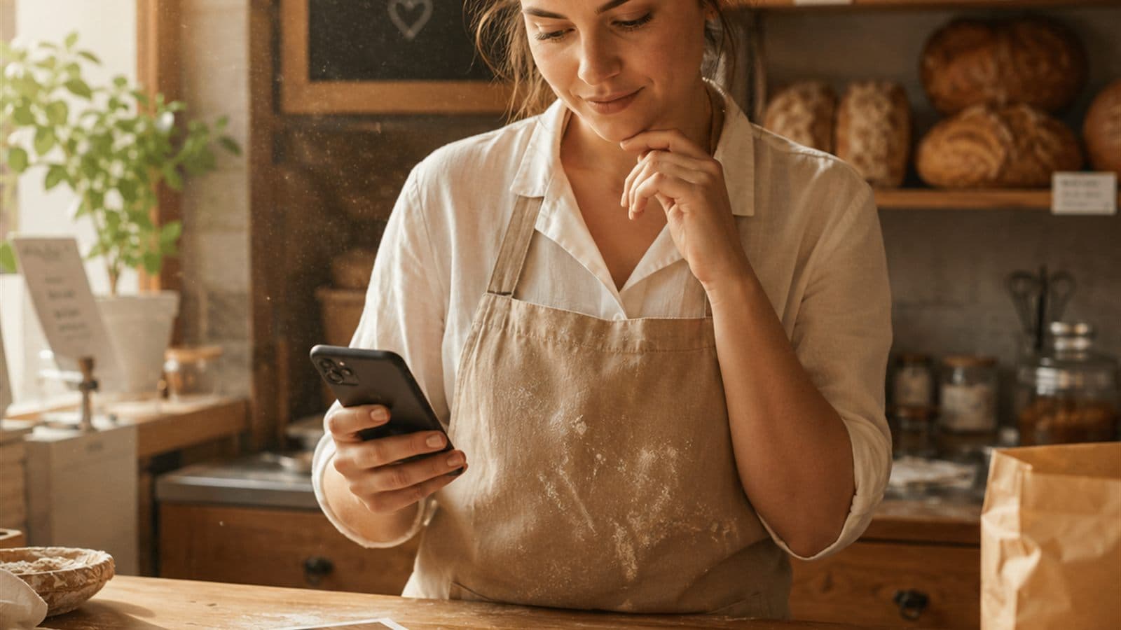Bäckerin mit Schürze schaut auf ihr Smartphone, ausgedruckte Produktfotos auf der Theke