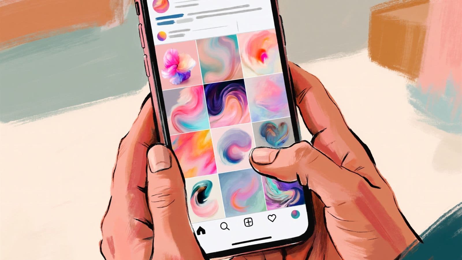 Hände halten ein Smartphone und wischen durch einen Beitrag mit mehreren Bildern