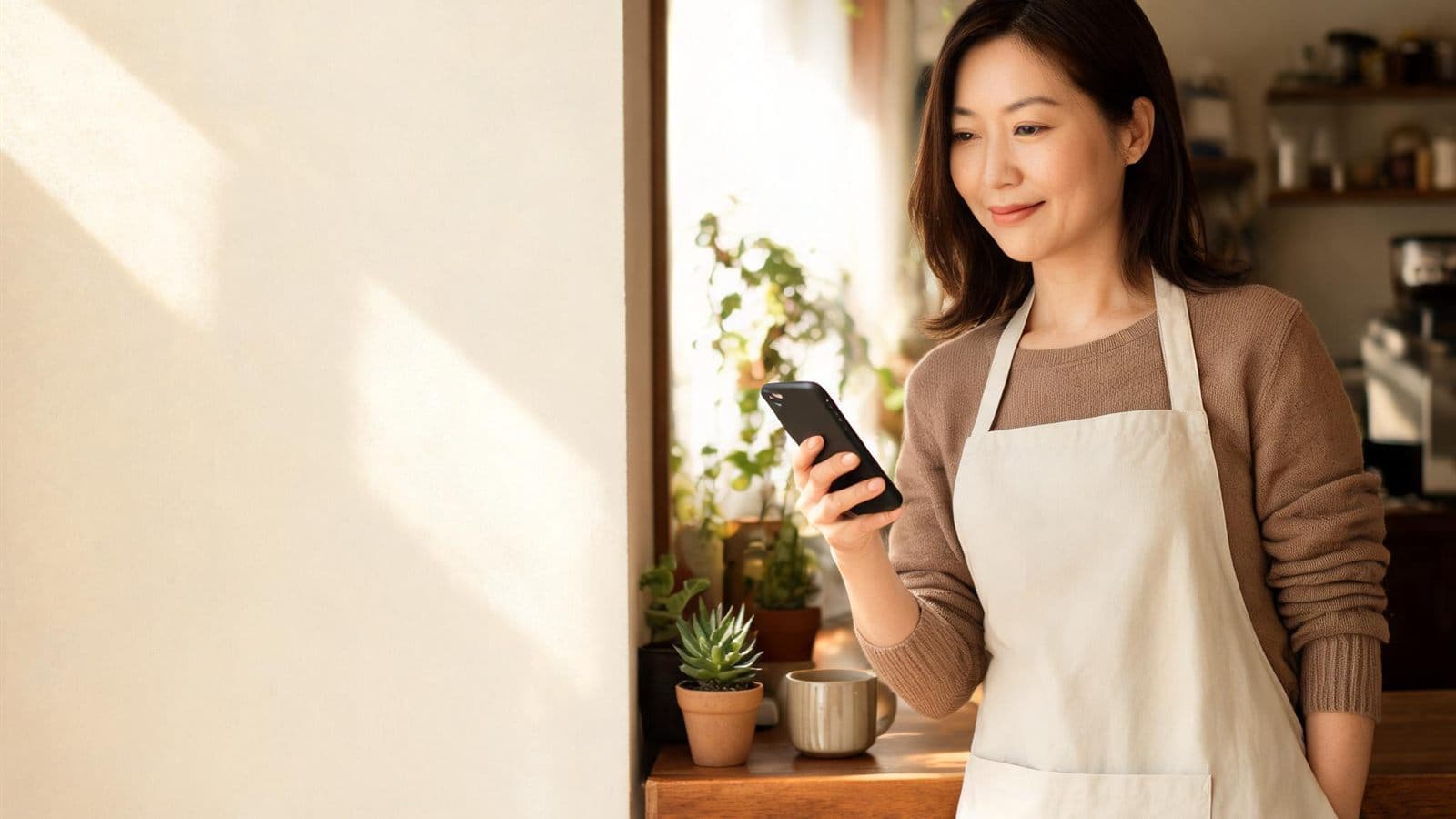 Café-Inhaberin mit Schürze schaut lächelnd auf ihr Smartphone