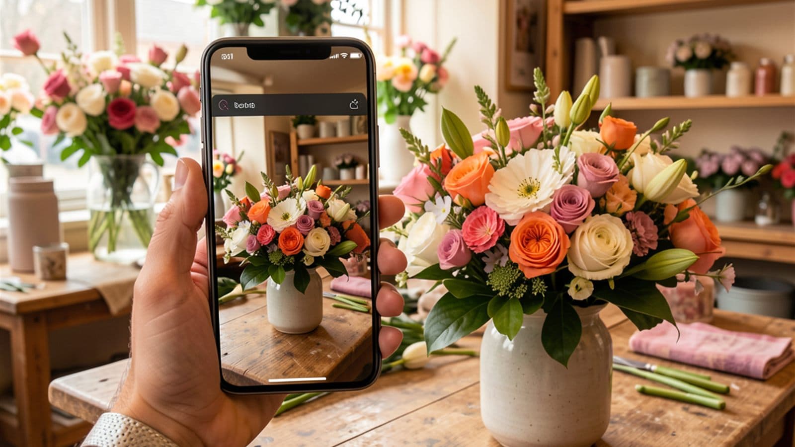 Floristin fotografiert mit dem Smartphone einen Blumenstrauß im Laden