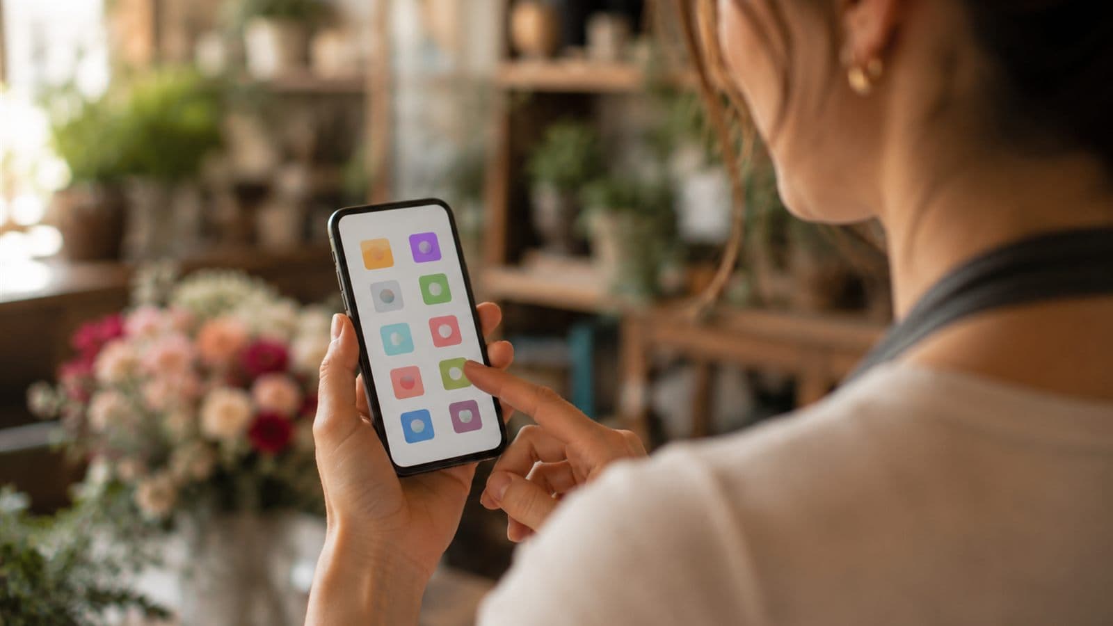 Über-die-Schulter-Blick auf ein Smartphone mit bunten App-Kacheln