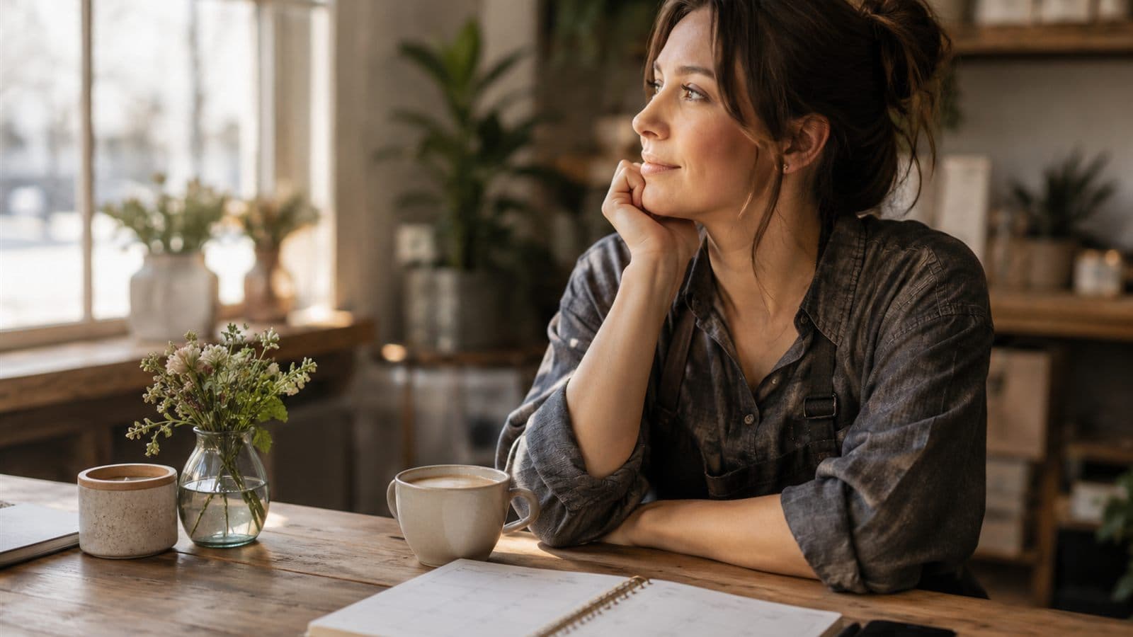 Inhaberin plant mit Kaffee und Wochenplaner am Holztisch ihre Beiträge