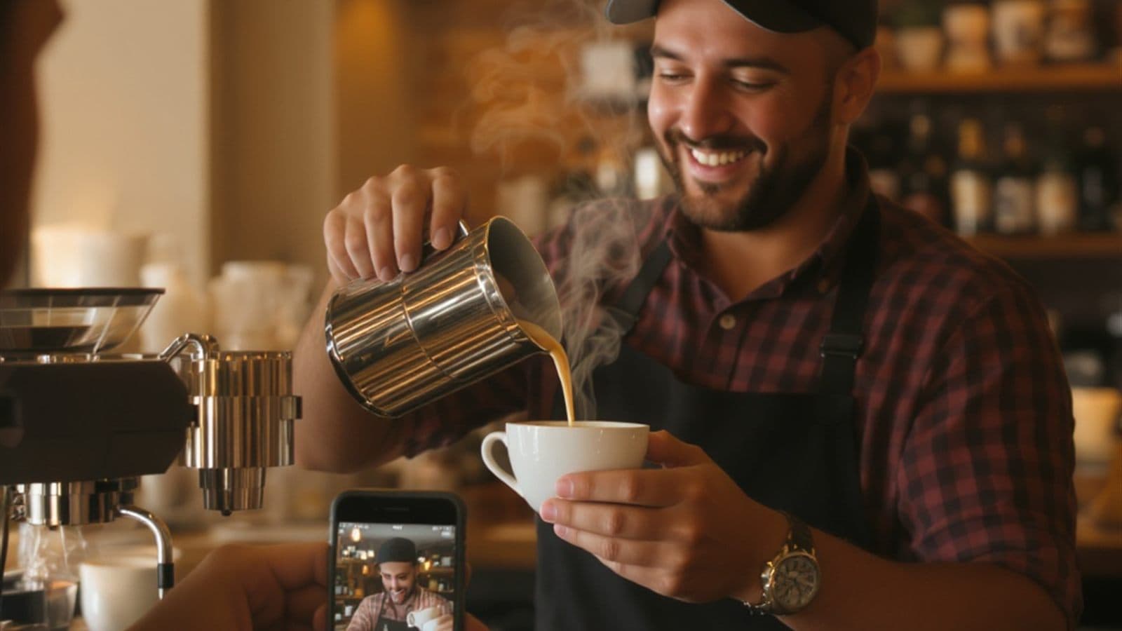 Barista gießt lächelnd Milch in einen Kaffee, während er dabei mit dem Handy gefilmt wird